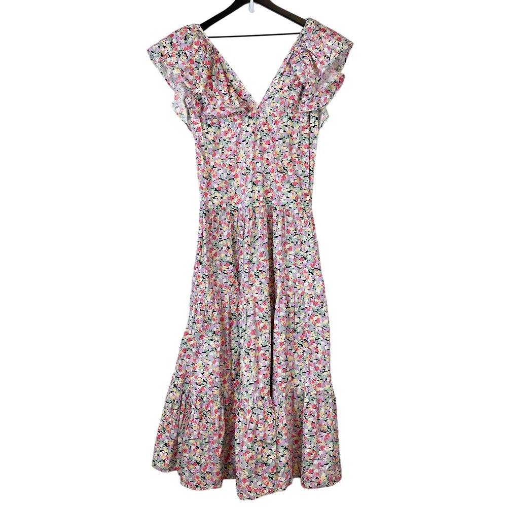 NWT Nasty Gal (4 US) Floral Frill Shoulder Maxi Long Smock Dress V-Neck Womens